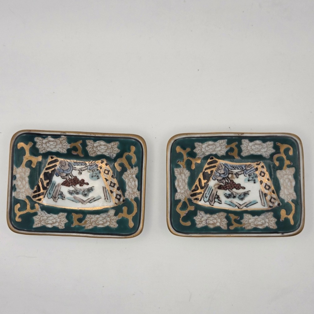 Gold Imari Hand Painted Porcelain Trinket Dish Set 2 Teal Gold Japan Rectangular